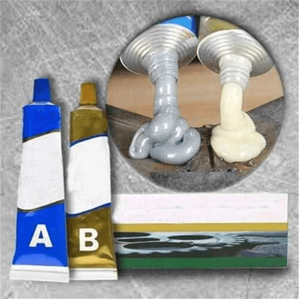 Close-up of industrial strength adhesive packaging, emphasizing its multi-surface repair qualities.