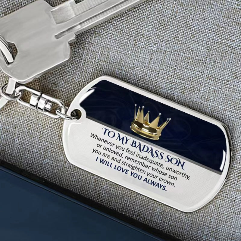 Inspirational keepsake keychain, durable metal with elegant font, a cherished family token