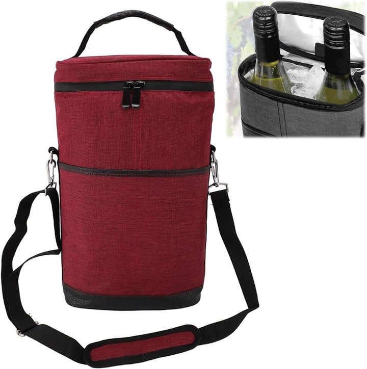 Durable canvas insulated wine cooler tote bag with secure handles, holding two bottles for travel or picnics.