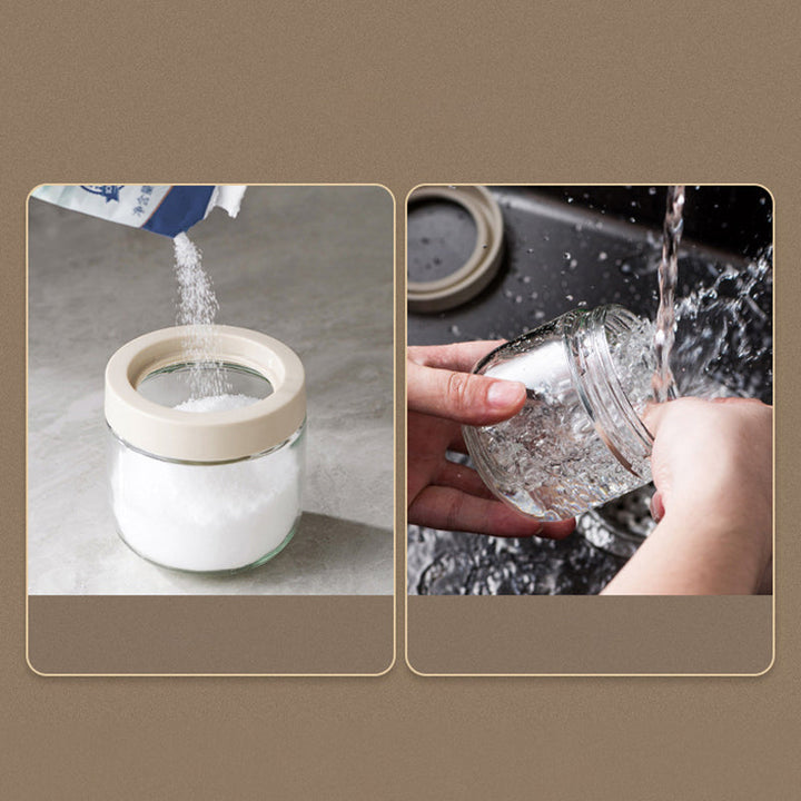 Spoon and seasoning dispenser in one, glass container, simplifies kitchen spice management