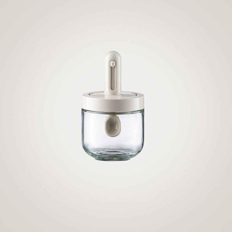 Efficient kitchen seasoning dispenser, glass with built-in spoon for easy access