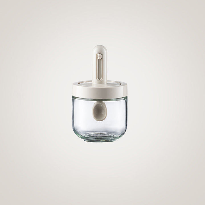 Efficient kitchen seasoning dispenser, glass with built-in spoon for easy access