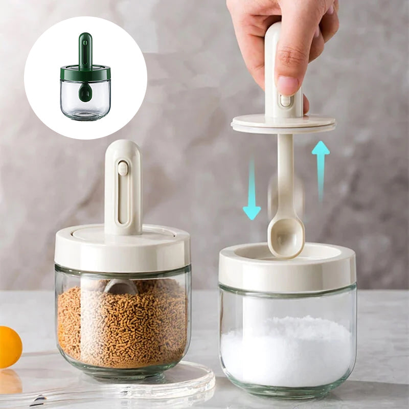Kitchen seasoning dispenser bottle, glass with spoon, for convenient cooking & storage