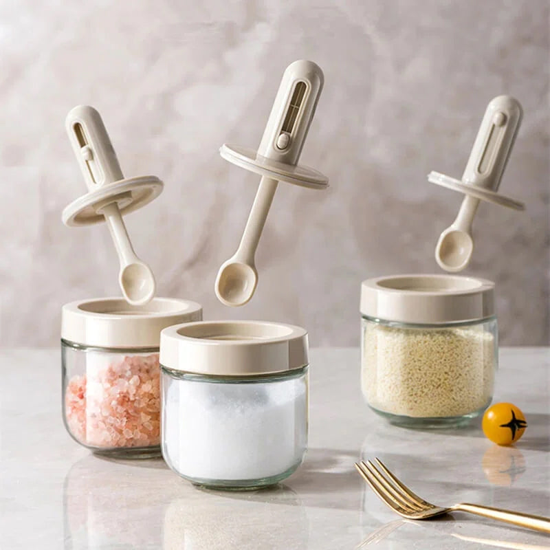Glass seasoning storage bottle with built-in spoon, essential kitchen cooking tool