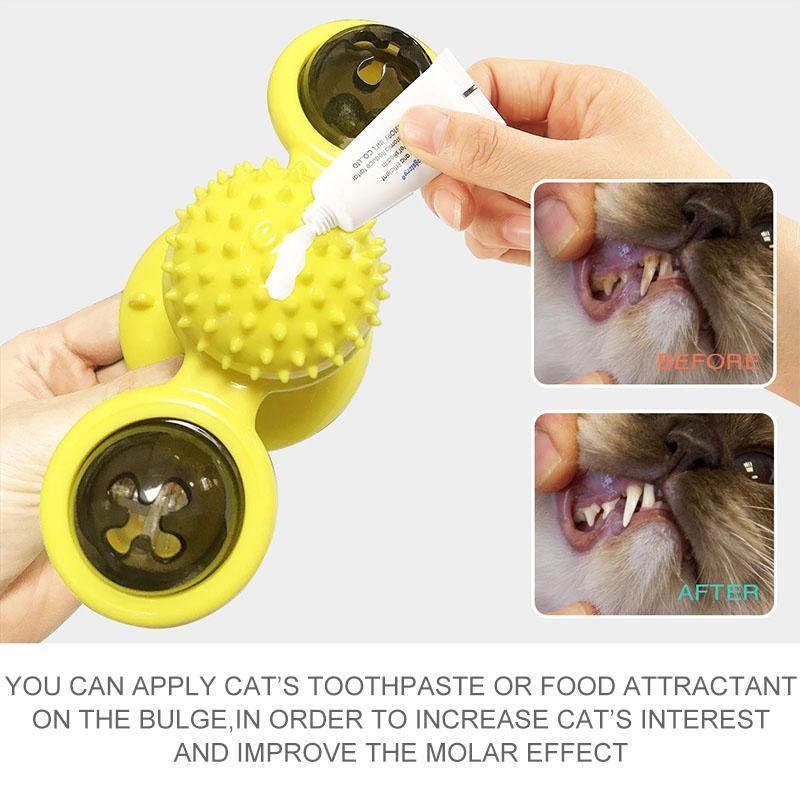 Close-up of Cat Windmill Toy, showing an integrated grooming brush for feline self-care