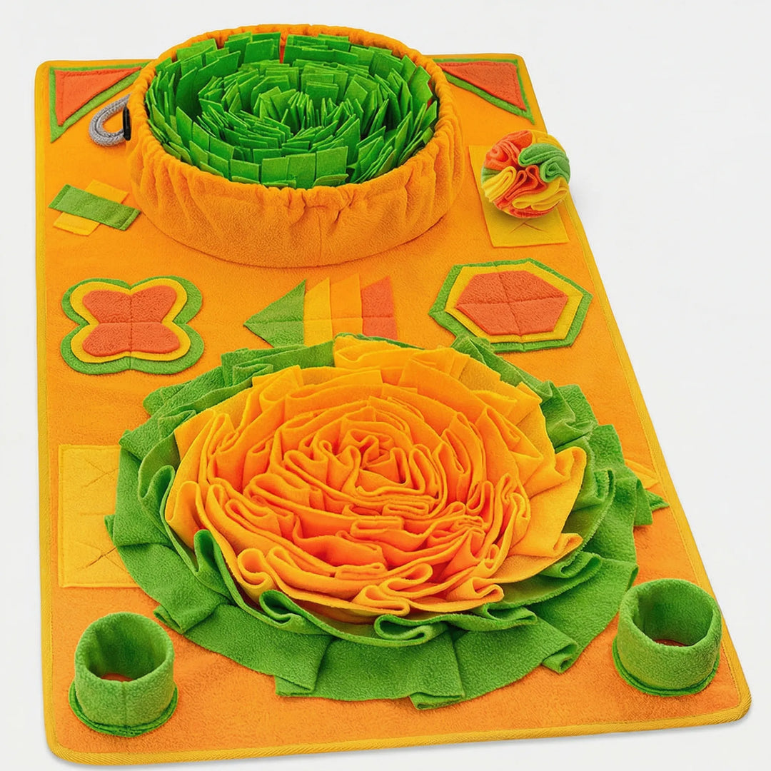 Colorful washable snuffle mat, a puzzle toy for dogs, promoting foraging & slow eating.