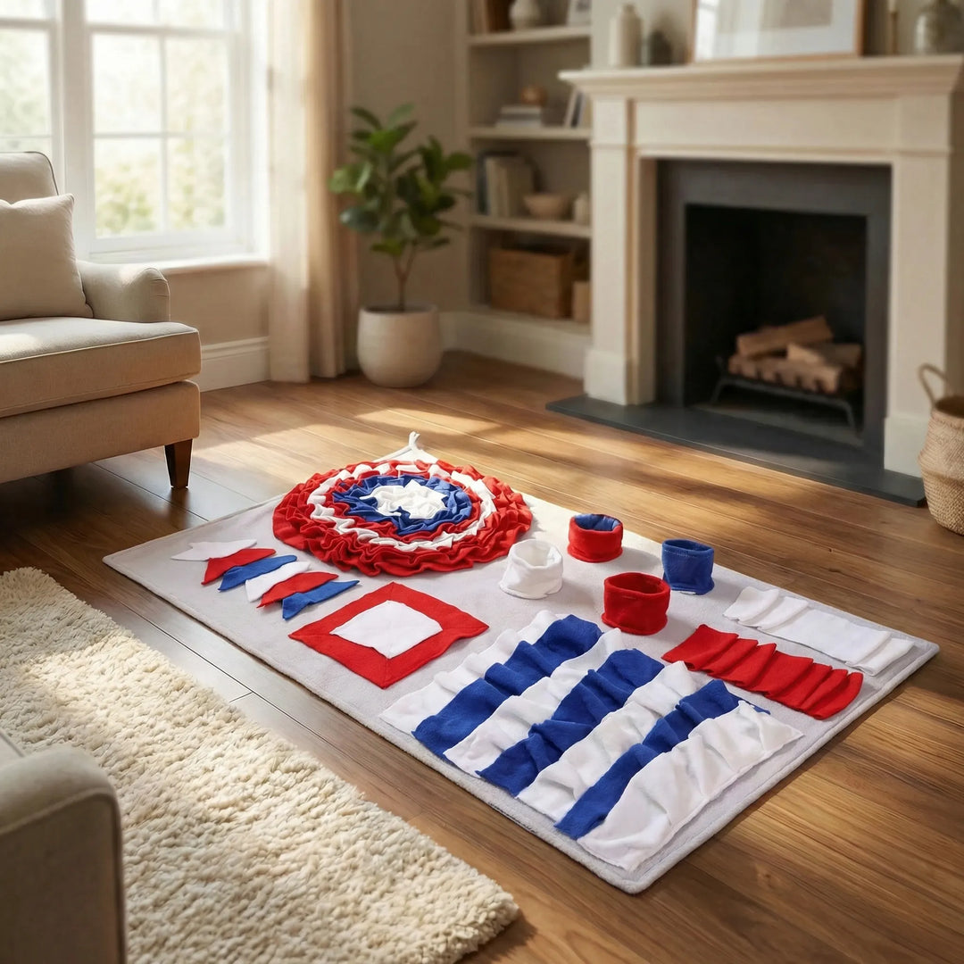 Colorful textured interactive snuffle mat, a pet enrichment toy and slow feeder for dogs.