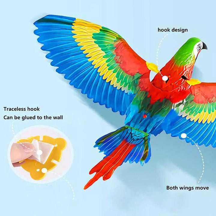 Cat playing with an interactive flying bird toy, pet entertainment, indoor fun for cats