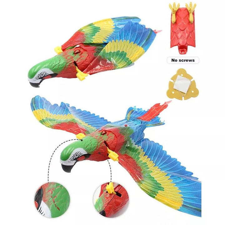 Child reaching for an interactive flying parrot toy, kids electric toy, indoor play fun
