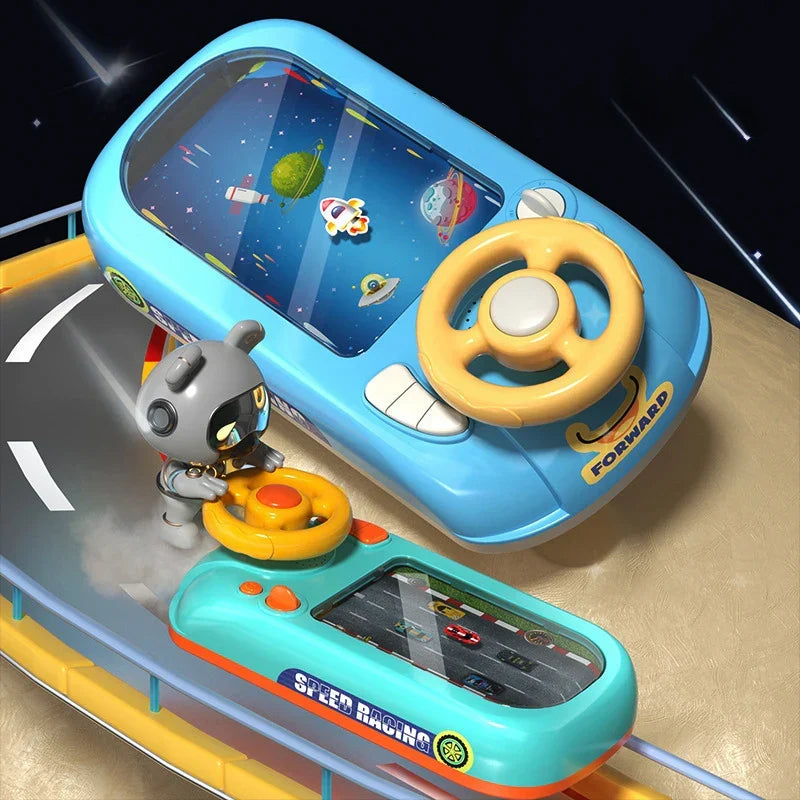 Interactive green steering wheel toy for toddlers, enhancing motor skills & pretend play.