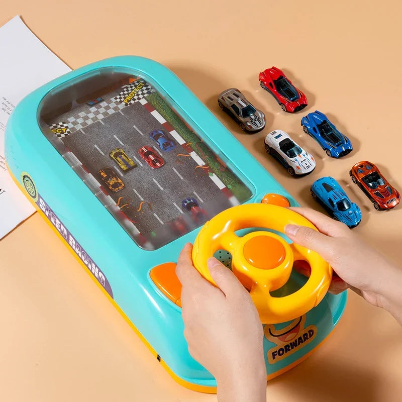 Raceriq interactive steering wheel toy with buttons & lights, engaging toddlers in educational driving play.