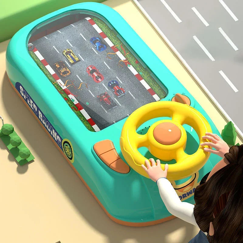 Raceriq interactive green steering wheel for toddlers, an educational toy for imaginative play & motor skills.