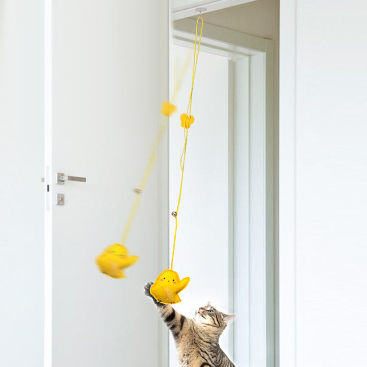 Detailed view of the suction cup and elastic cord mechanism of the interactive cat toy, for easy setup