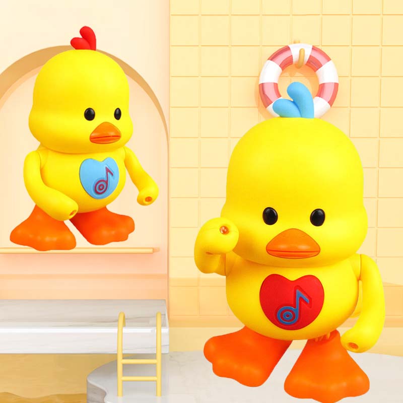 Joyful yellow duck toy dancing to music, featuring colorful flashing lights.