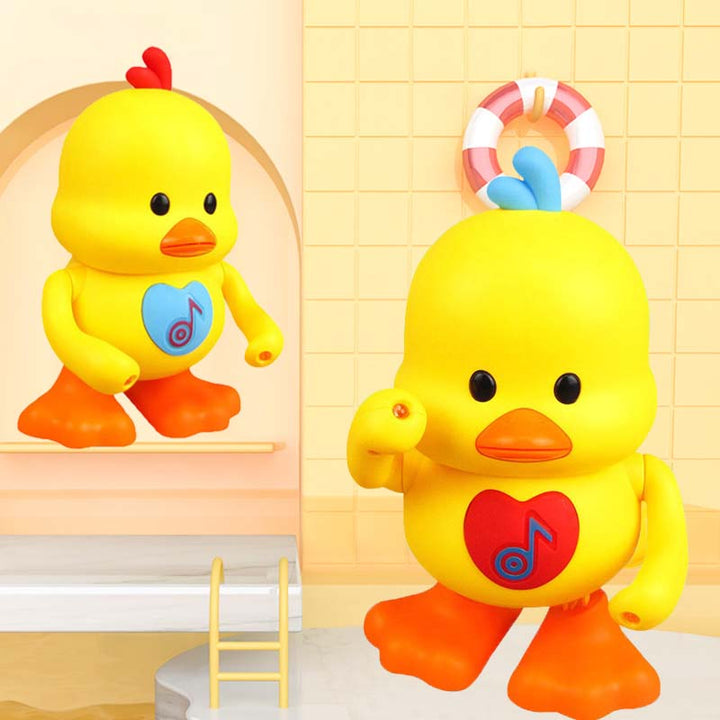 Joyful yellow duck toy dancing to music, featuring colorful flashing lights.