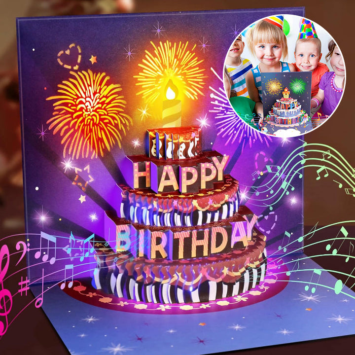 Interactive Pop-Up Happy Birthday Card with Lights & Music, front view, 3D cake design