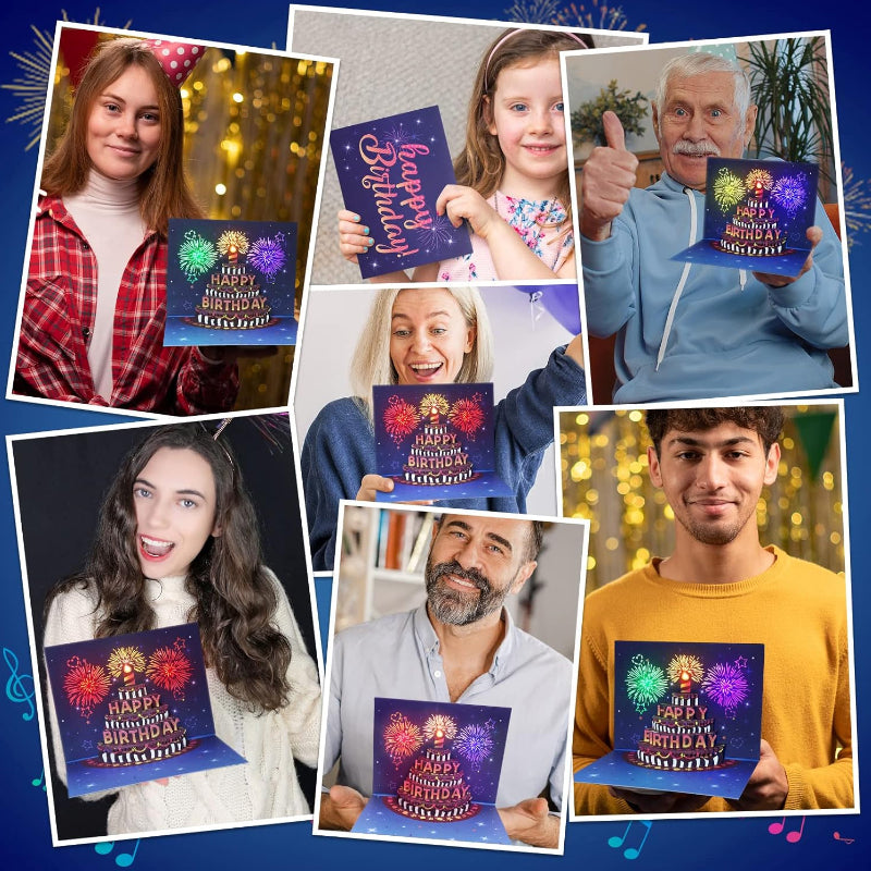 Musical Pop-Up Birthday Card, close-up of intricate cake design, glowing lights, a joyful surprise
