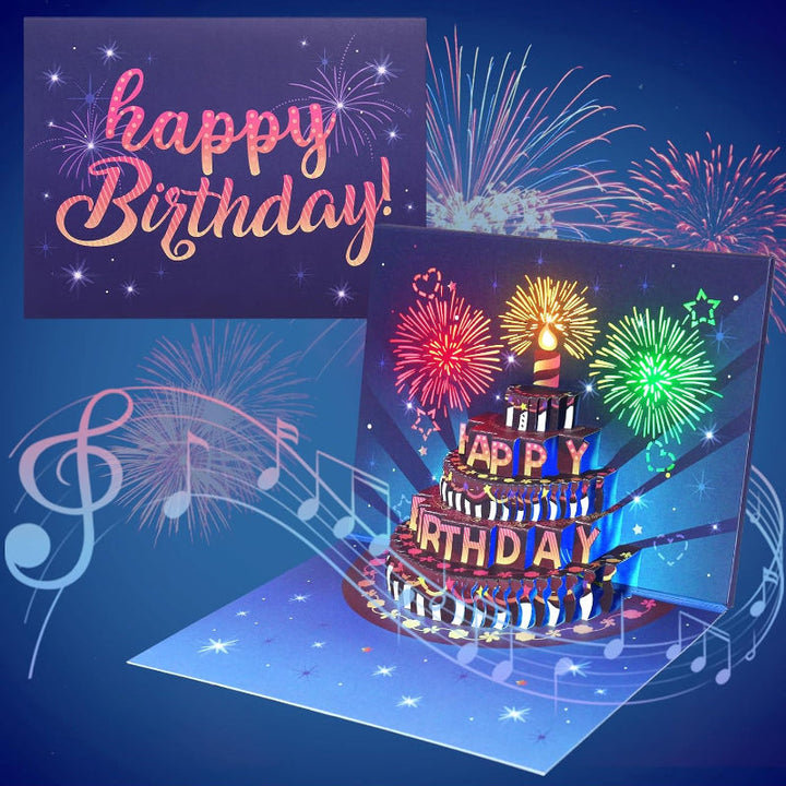 Birthday Gift Card, interactive with pop-up cake, music, and lights, creating a celebratory atmosphere