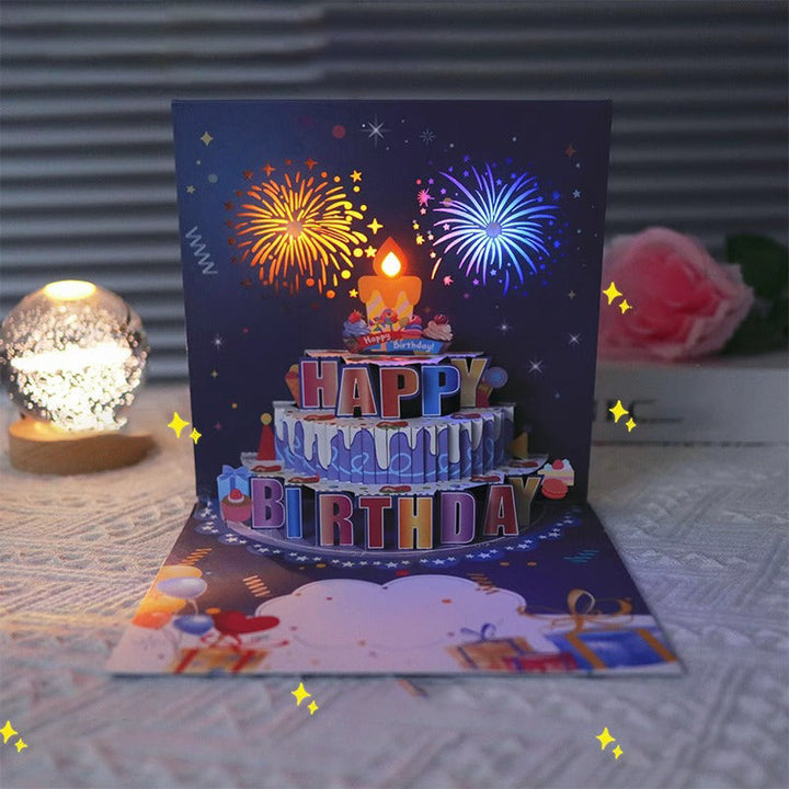 Pop-Up Happy Birthday Card, showcasing open view with activated lights and sound, a delightful present