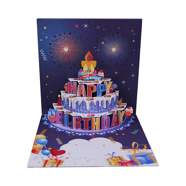 Happy Birthday Card with Lights & Music, details of pop-up cake with glowing candles, festive and fun