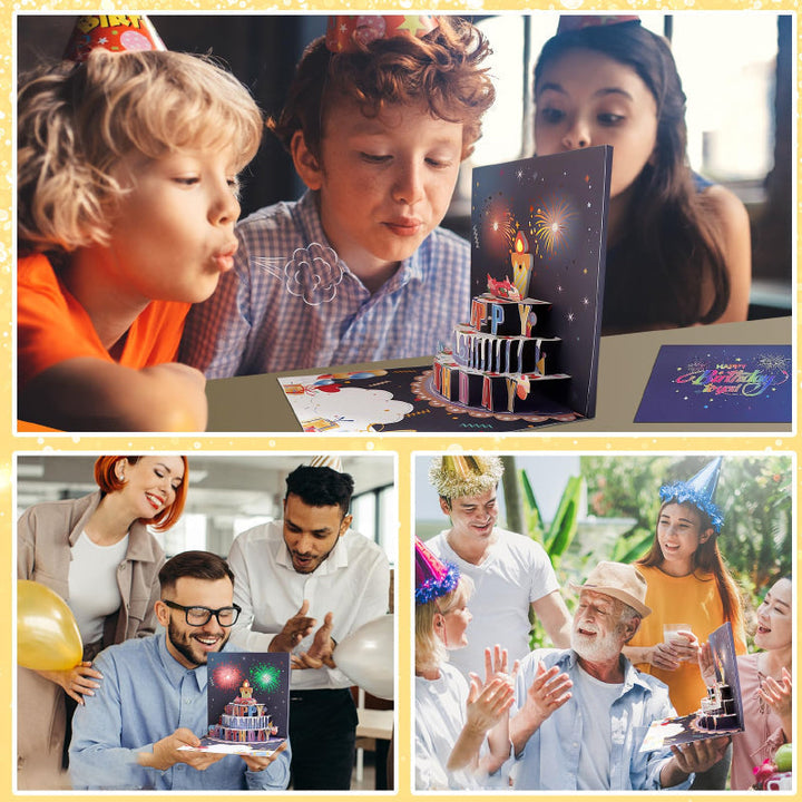Pop-Up Happy Birthday Card, opened, showing illuminated cake and musical notes, for a vibrant gift