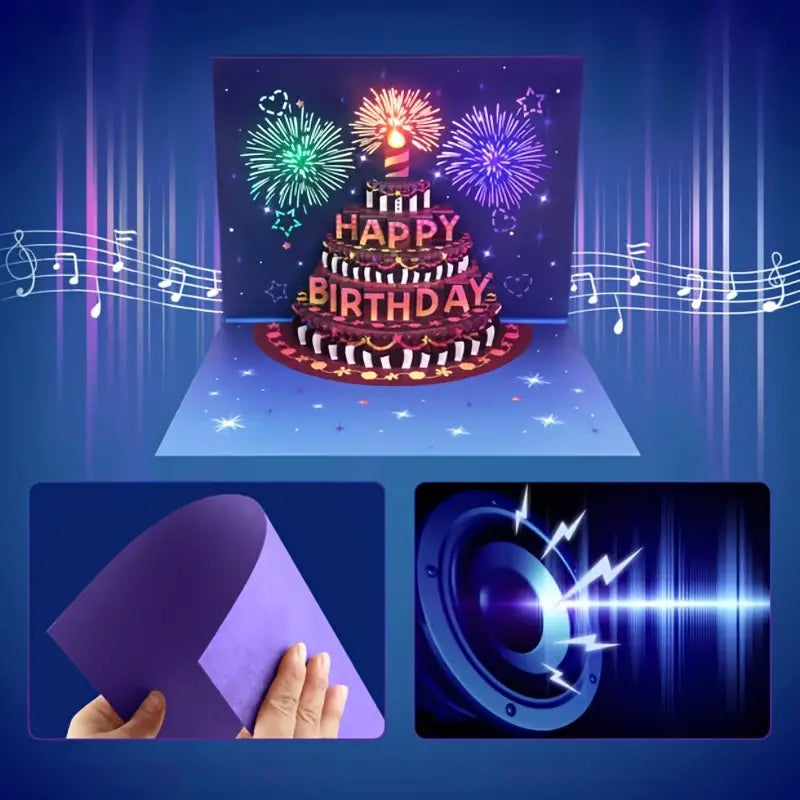 Musical Birthday Greeting Card, interactive, with pop-up elements, lights, and 'Happy Birthday' song