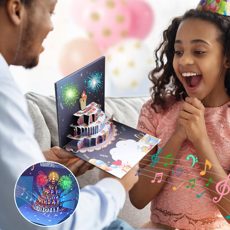 Happy Birthday Interactive Card, standing open, showcasing glowing lights and musical feature for celebration