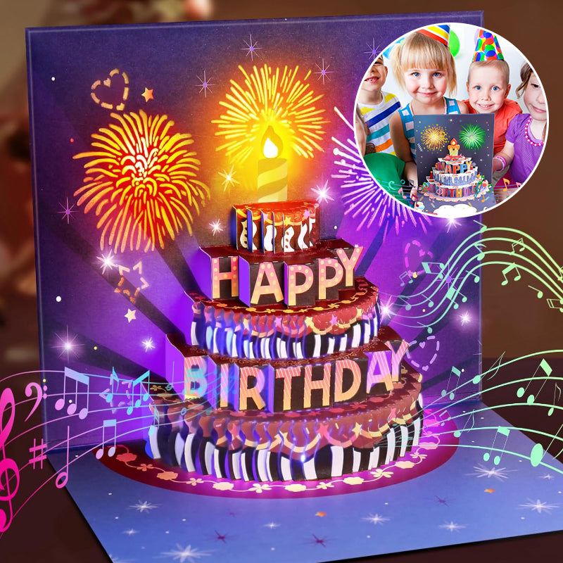 Greeting Card, pop-up, musical and light-up, with a detailed birthday cake design and confetti
