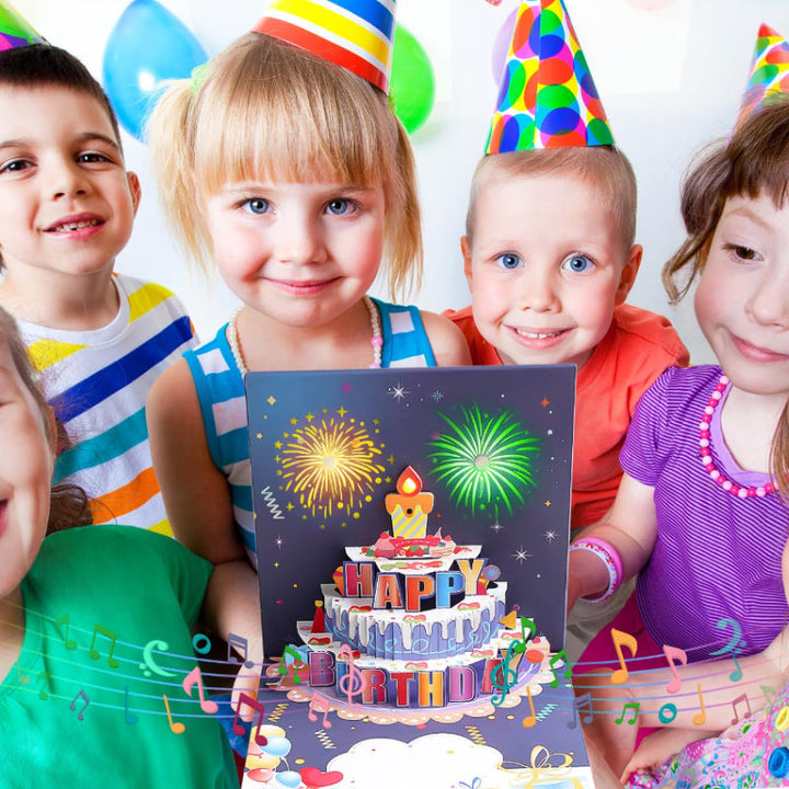 Interactive Musical Birthday Card, closed front cover, vibrant colors, ready to surprise and delight