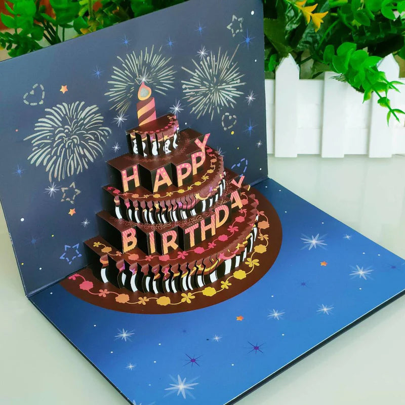 Happy Birthday Card, 3D pop-up design featuring a cake, candles, and musical components for a festive feel
