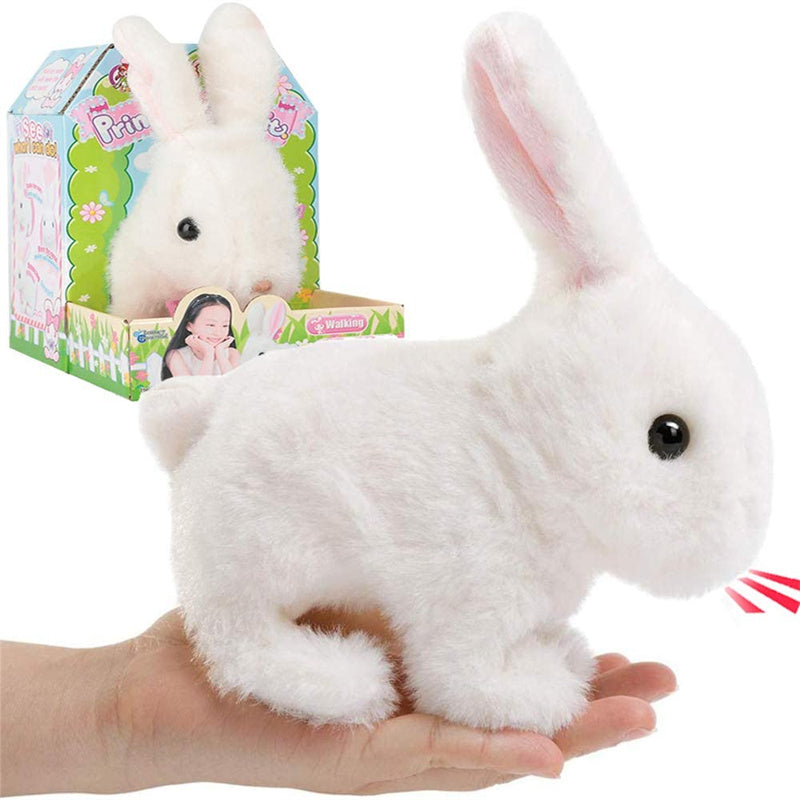 Close-up of a soft, white plush bunny, an interactive walking animal toy for children