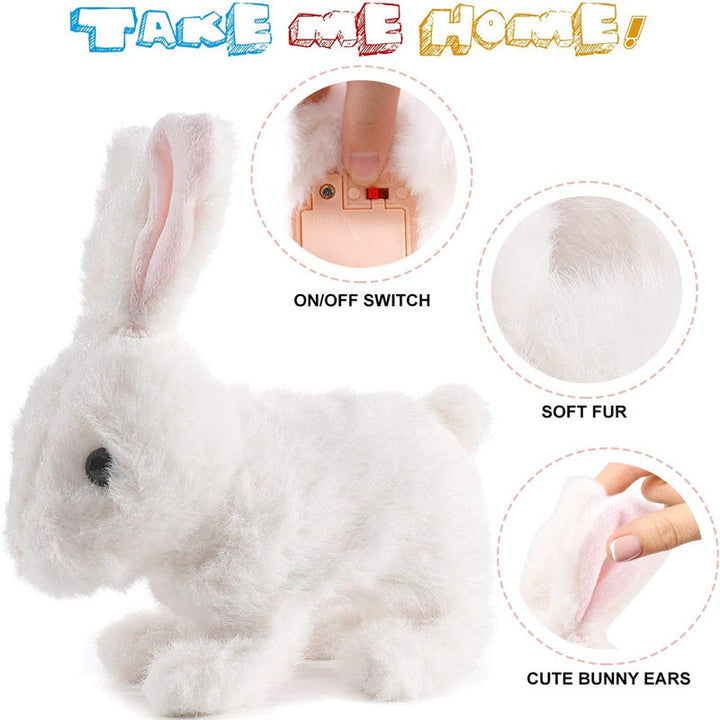 Front view of a cute plush bunny, an interactive walking toy with sound for toddlers