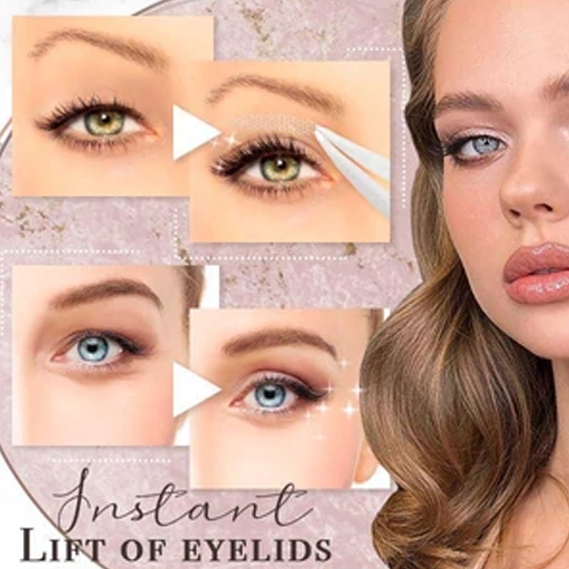 Woman applying invisible eyelid lifting tapes for a natural double eyelid effect, makeup accessory.