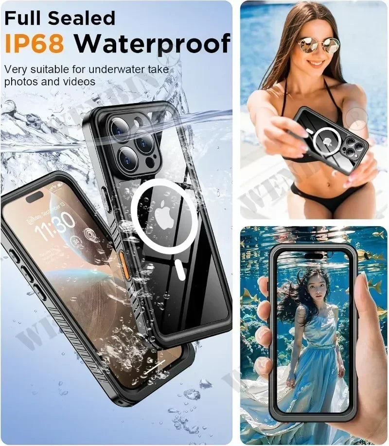 Unisex IP68 waterproof iPhone case with strong magnetic fit, ideal for underwater photography & extreme sports.