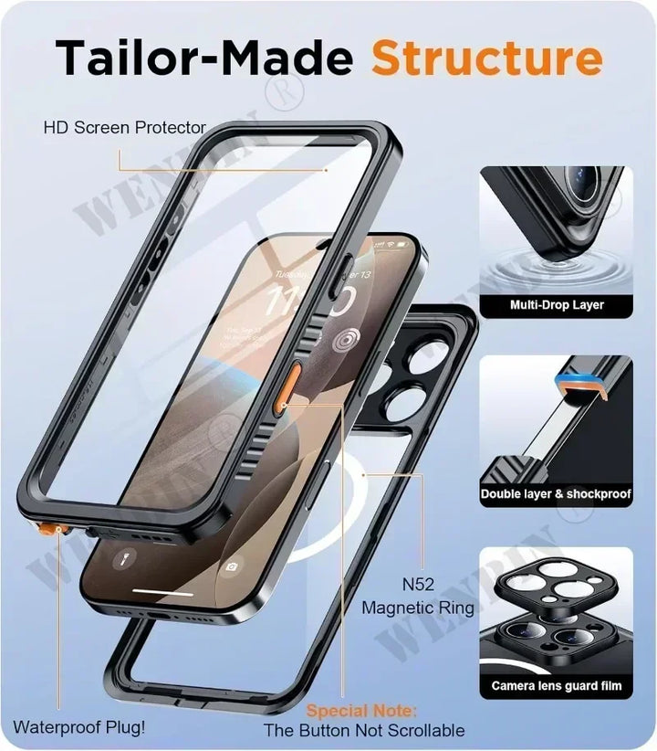 Secure IP68 waterproof iPhone case for diving, protecting your phone from water, drops, and impact.