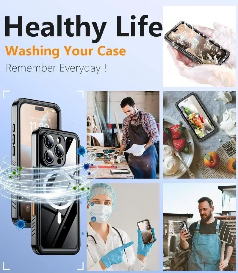 Dive into adventure with this IP68 waterproof iPhone case featuring magnetic fit & full-body protection.