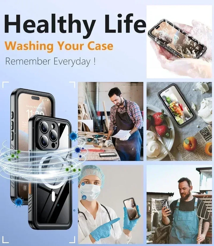 Dive into adventure with this IP68 waterproof iPhone case featuring magnetic fit & full-body protection.