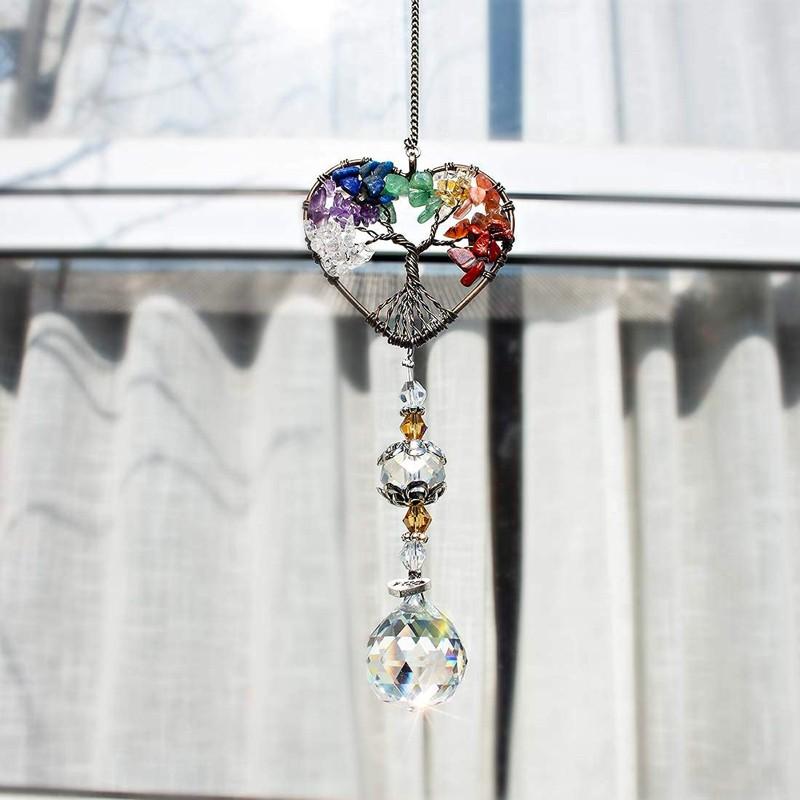 Decorative crystal suncatcher with Tree of Life design, creates rainbows, window decor