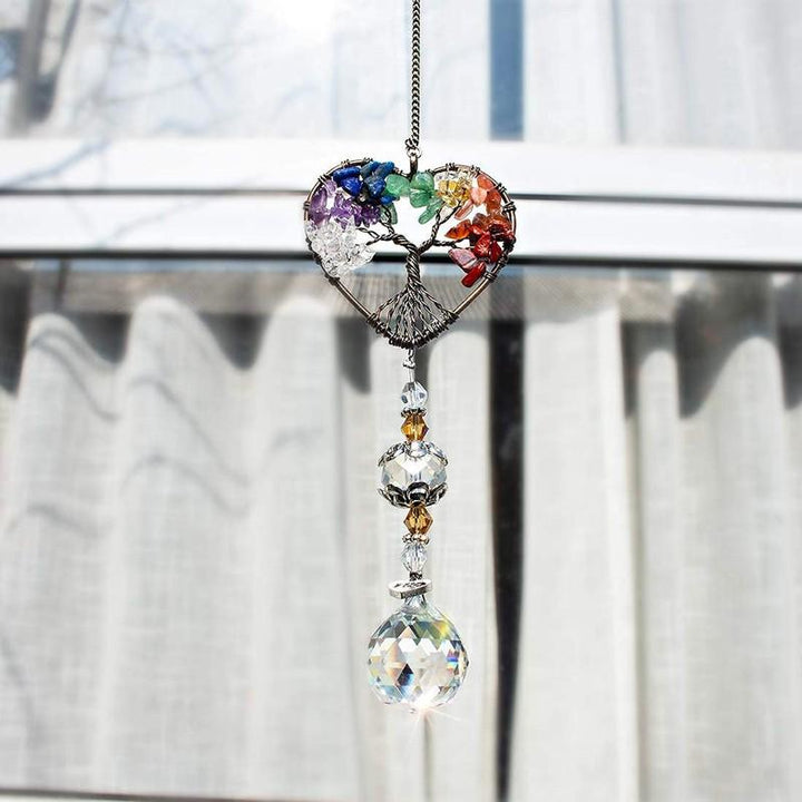 Decorative crystal suncatcher with Tree of Life design, creates rainbows, window decor