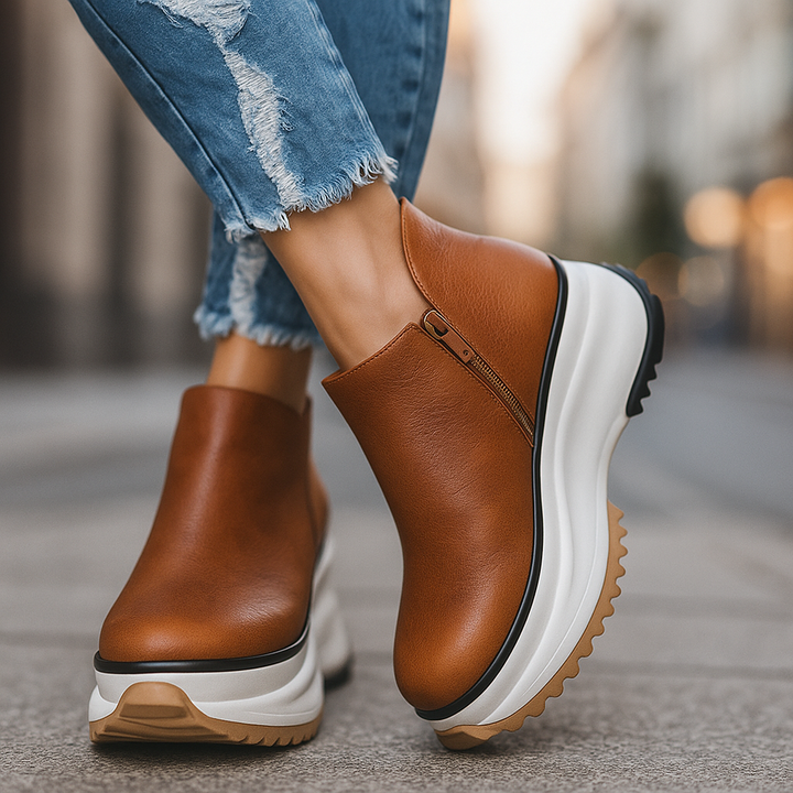 Khaki textured platform shoes for women, offering orthopedic comfort and stylish elevation.