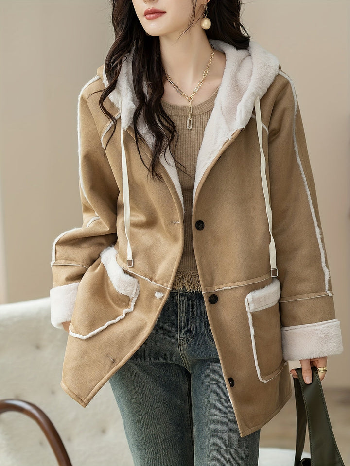 Casual khaki lightweight button jacket for women. Essential spring & fall transitional wear; comfortable everyday outerwear.