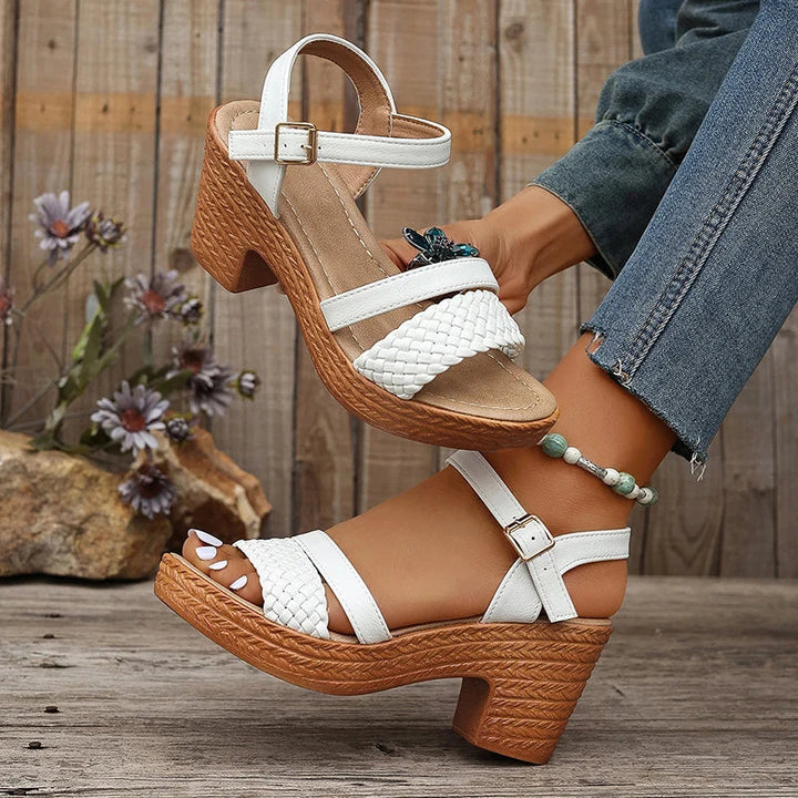 Women's summer fashion: khaki woven strappy sandals with block heels