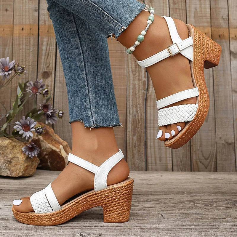 Trendy khaki block heel sandals with intricate woven and braided elements