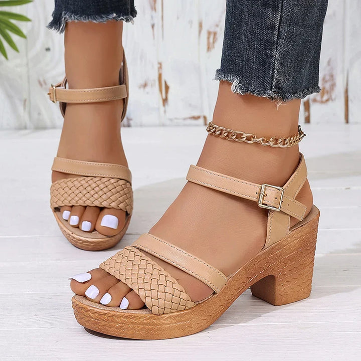 Casual women's footwear: khaki braided block heel sandals for summer