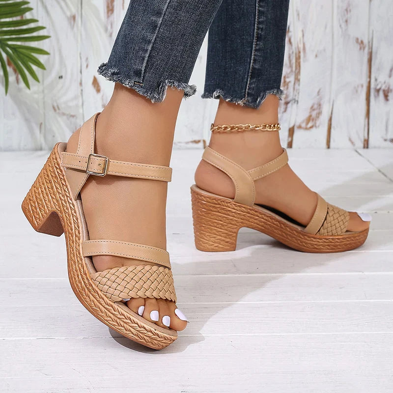 Elegant khaki strappy sandals with woven details and a comfortable heel