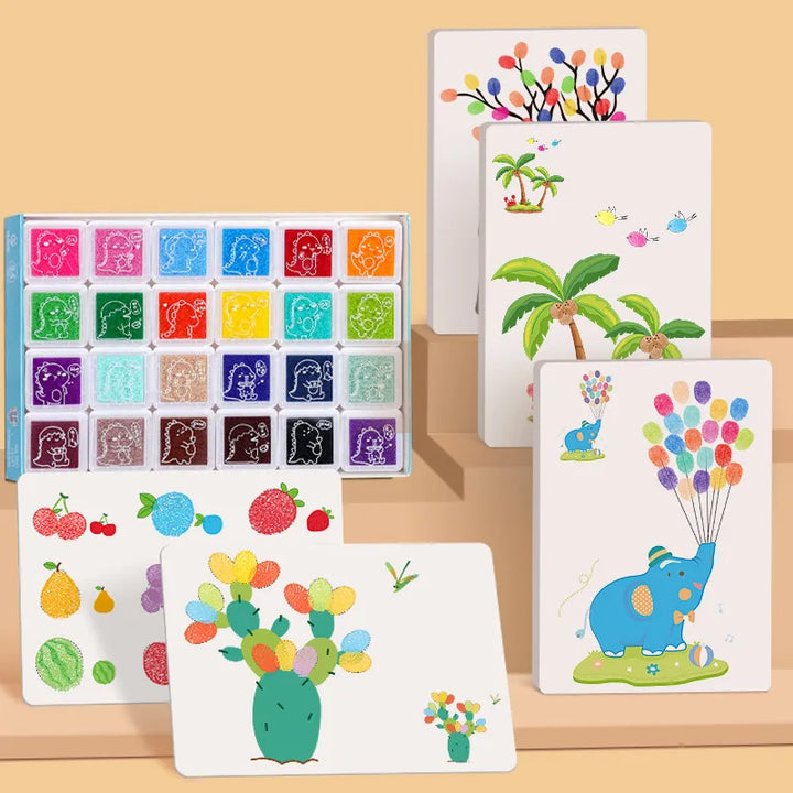Colorful 16-piece finger painting art set, stimulating kids' creativity and fine motor skills.