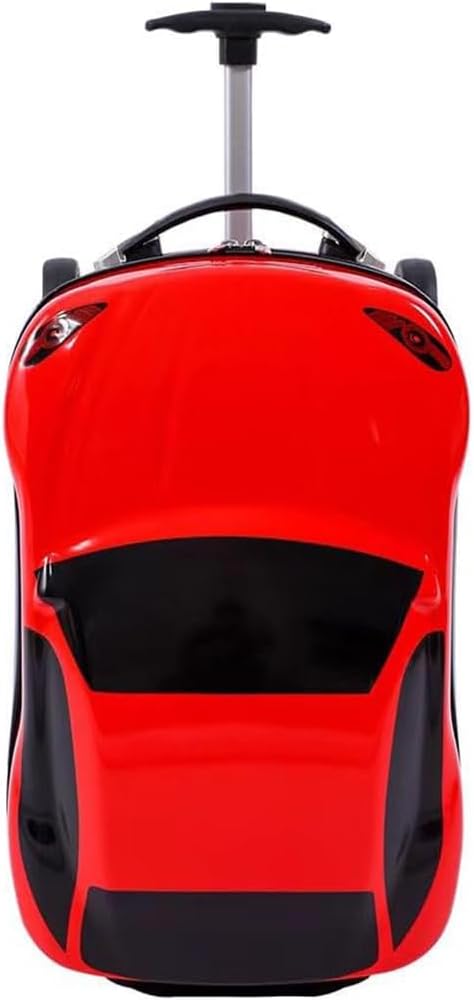 Kids' 18-inch car-shaped pull-along suitcase with retractable handle for easy travel.