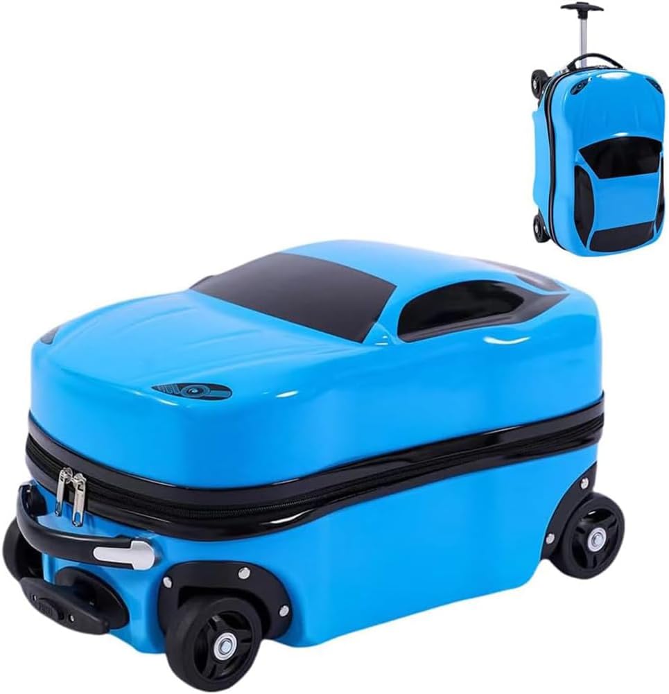 18-inch car-shaped kids' pull-along suitcase, blue, with retractable handle and smooth wheels.