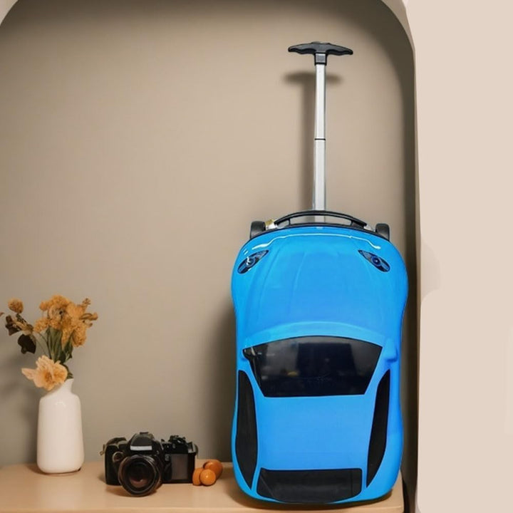 Blue car luggage, 18-inch, with retractable handle & wheels, ideal for toddler road trips.