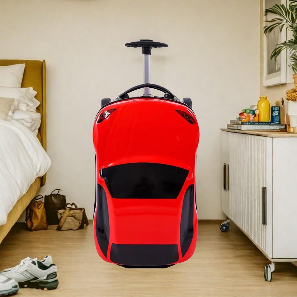 Adventure-ready 18-inch car-shaped pull-along bag for kids' travel, featuring a retractable handle.